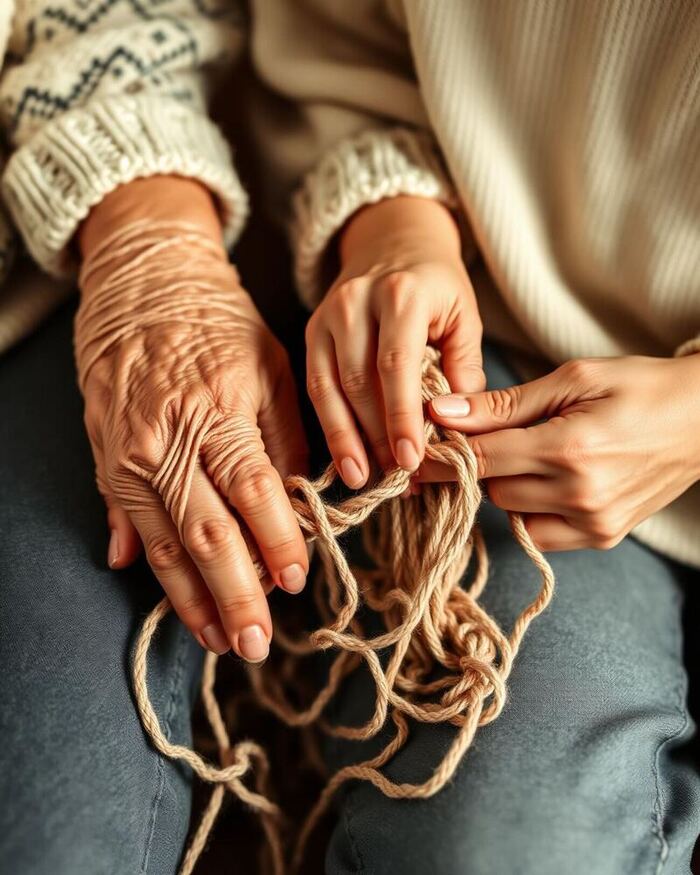 Mani di nonna e mani giovani che tengono filati