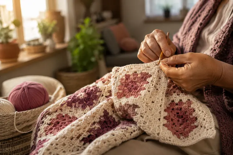 Mani che lavorano un pezzo all'uncinetto in toni rosa e crema